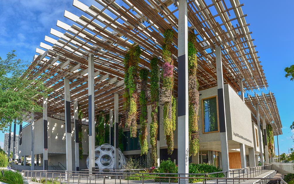Outdoor vertically hanging garden exhibit in the Perez Art Museum of Miami